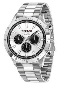 Orologio in acciaio inossidabile argentato con quadrante rotondo, sottodial cronografici neri e bracciale lucido. Marcature per una resistenza all'acqua fino a 50 metri.