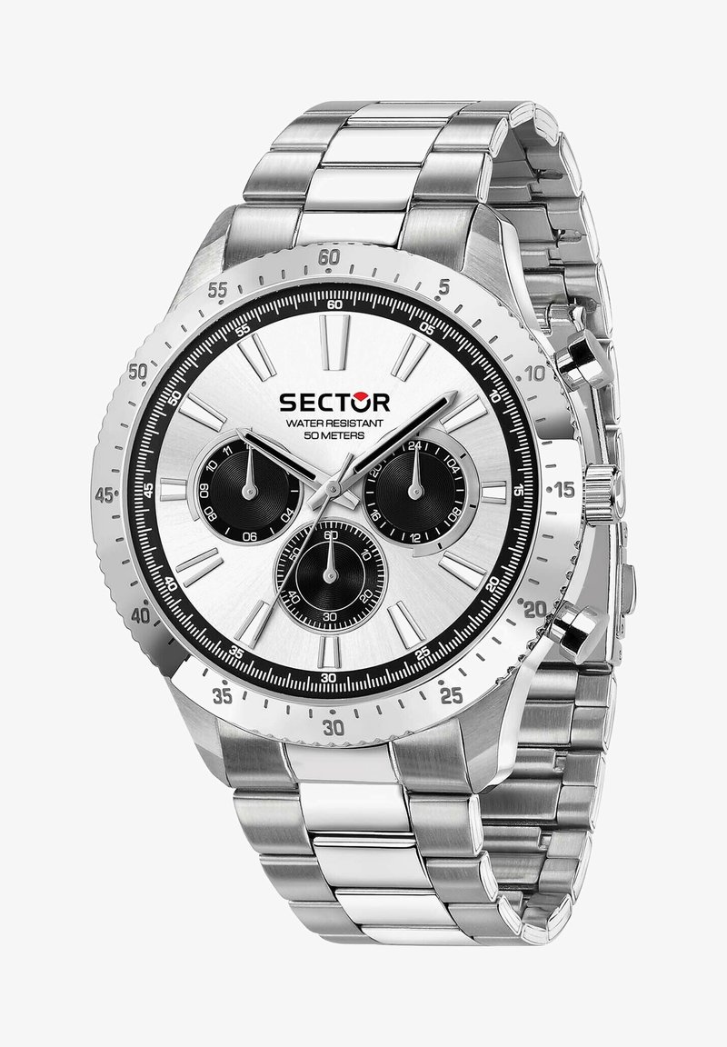 Orologio in acciaio inossidabile argentato con quadrante rotondo, sottodial cronografici neri e bracciale lucido. Marcature per una resistenza all'acqua fino a 50 metri.