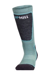Knee-high socks with a teal and dark gray design, featuring ribbed texture, "UP HILL" logo, and reinforced heel and toe accents.