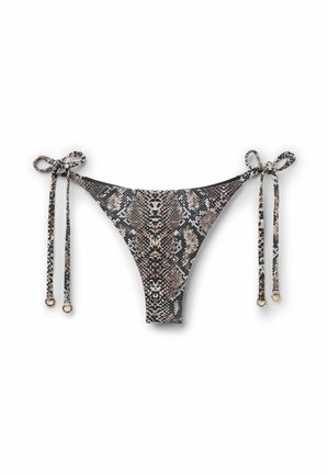 Schlangenprint Bikinihose mit Seitenschnüren und goldfarbenen Ringdetails vor weißem Hintergrund.