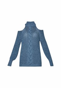 Pull épaules dénudées bleu avec motif torsadé. Caractérisé par un col montant et un tissu texturé, offrant une coupe ample et chaude.