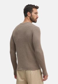 Camisa marrón de manga larga con ribetes y cuello redondo, que presenta un cuerpo ajustado y un dobladillo recto, exhibida sobre un fondo blanco liso.