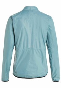 Lysblå vindjakke med en glat, let tekstur, har en stående krave, elastiske ærmer og en tætsiddende kant.