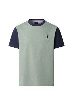 Tričko s krátkými rukávy a kulatým výstřihem, s tělem v šalvějově zelené barvě a tmavě modrými rukávy, na hrudi malým logem "1 Hackett".