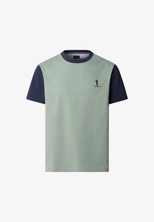 Korte mouwen T-shirt met ronde hals, saliegroene body en marineblauwe mouwen, met een klein "1 Hackett"-logo op de borst.