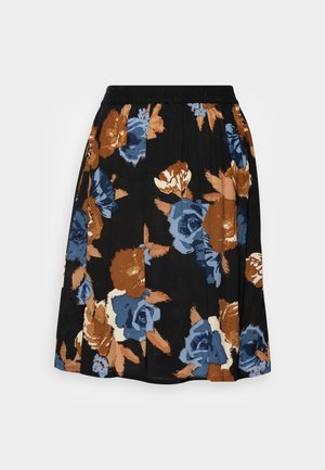 Sort nederdel med stort blåt, brunt og beige blomsterprint og elastik i taljen, knælængde, plisseret stof.