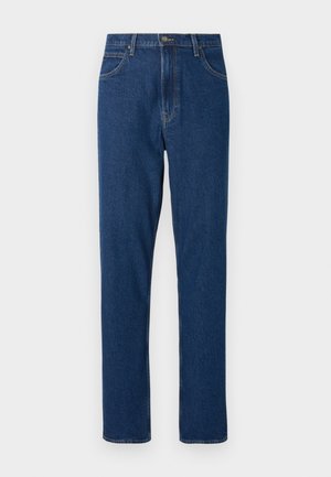 Dunkelblaue, gerade geschnittene Jeans aus Denim mit vorderer Knopfleiste und Reißverschluss, Vordertaschen und Gürtelschlaufen.