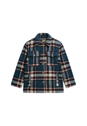 Kariertes Flanelljackett in dunklem Teal mit weißen und bordeauxfarbenen Akzenten; verfügt über Brusttaschen, goldene Knöpfe und ein Kragen-Design.