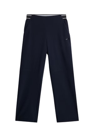 Navy blue urheilusateet, joissa on leveä lahkeidesign, sivutaskut ja kuvioitu elastinen vyötärö. Sileä, kevyt kangas.