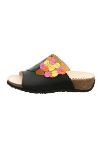 Schwarze Leder-Schlittensandale mit offener Zehe und bunten Filzblumenverzierungen in Pink, Gelb und Orange oben; Kork-Zwischensohle.