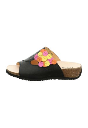 Schwarze Leder-Schlittensandale mit offener Zehe und bunten Filzblumenverzierungen in Pink, Gelb und Orange oben; Kork-Zwischensohle.