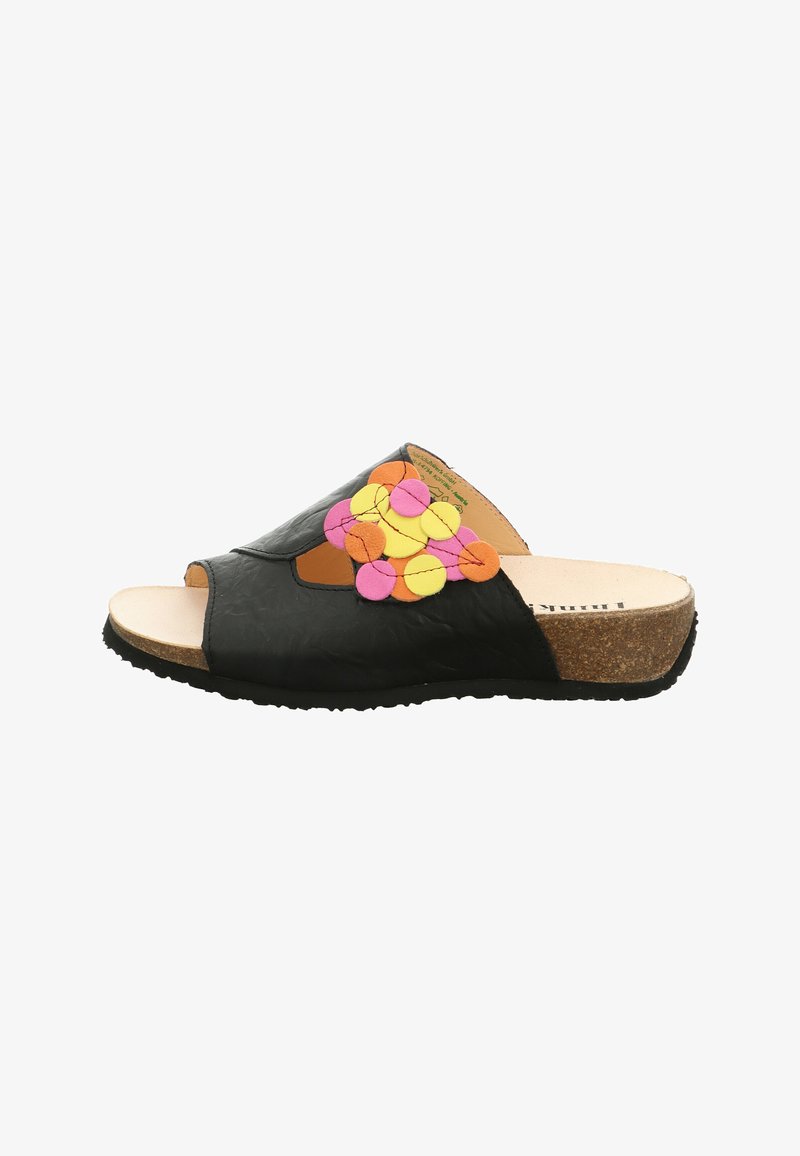Black leather slide sandal with open toe and colorful felt flower embellishment in pink, yellow, and orange on top; cork midsole.