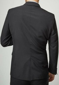 Veste noire, design structuré avec revers crantés, tissu lisse, fente simple à l'arrière et poignets à boutons.