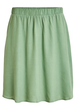 Lichtgroene rok van een gestructureerde stof, met een elastische tailleband en een uitlopende vorm met een licht gebogen zoom.