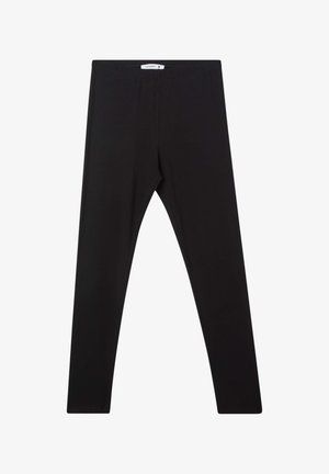 Leggings neri realizzati in tessuto elasticizzato, con una texture liscia, design aderente e una vita elasticizzata. Nessun motivo visibile o hardware.