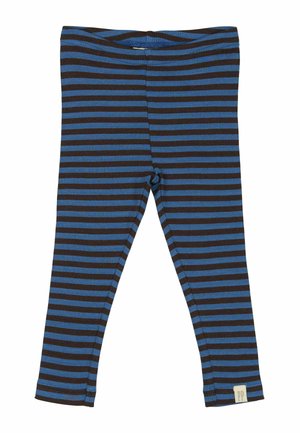 Blaue und braune gestreifte Leggings mit gerippter Textur, ausgestattet mit einem Bündchen und einem kleinen Etikett am unteren Saum.
