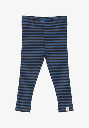 Sinine-pruuniribaga retuusid, millel on sooniline tekstuur, ümber lõua ja väike silt alumises servas.