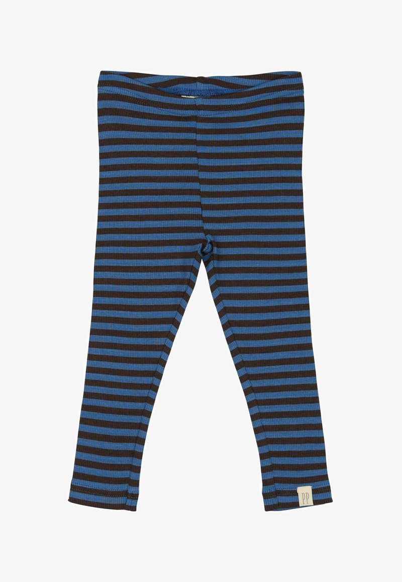 Leggings a righe blu e marroni con una texture a coste, dotati di un elastico in vita e di una piccola etichetta all'orlo inferiore.