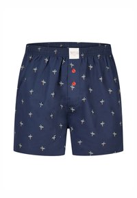 Námořnicky modré boxerky s motivem palem, s elastickým pasem a dvěma červenými knoflíky vpředu; hladká tkanina a neformální design.