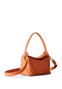 Orange leather handbag with a soft, structured shape. Features a single top handle, an adjustable strap, and gold hardware accents.
