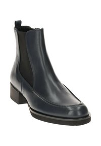 Marineblauwe leren Chelsea boot met elastische zijpanelen, een ronde neus en een lage blokhak. Soepele textuur en minimale stikdetails.