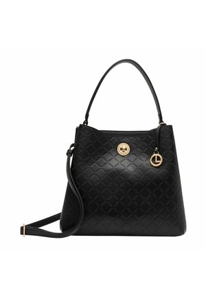 Sac à main en simili cuir noir avec un motif en diamant, quincaillerie dorée, et une bandoulière détachable. Comprend une poignée supérieure pour un transport polyvalent.