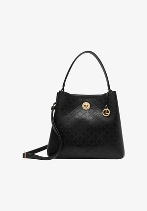 Sac à main en simili cuir noir avec un motif en diamant, quincaillerie dorée, et une bandoulière détachable. Comprend une poignée supérieure pour un transport polyvalent.
