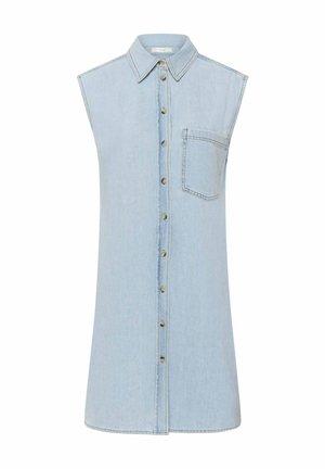 Hele sinine varrukateta teksase särkkleit esiknappide, terava krae ja ühe rinnataskuga paremal poolel.