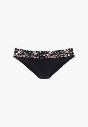 Schwarze Bikinihose mit einem floralen Taillenbund, der mit rosa und weißen Blumen verziert ist. Hergestellt aus glattem Stoff und auf Komfort ausgelegt.