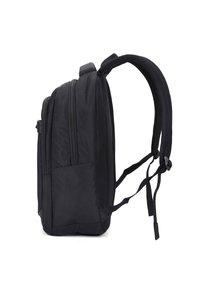 Sac à dos noir avec plusieurs compartiments zippés, des sangles rembourrées, des accents en maille et une forme rectangulaire élégante. Construction en tissu durable.