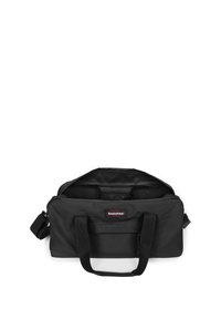 Zwarte duffeltas gemaakt van duurzaam materiaal, met dubbele handvatten, een verstelbare schouderriem en een hoofdvak met rits en binnenvakken.