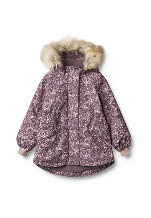 Blomsterprint parka i lilla med en hætte foret med pels, elastiske manchetter, sidelommer og en buet kant. Blødt, tekstureret stof.