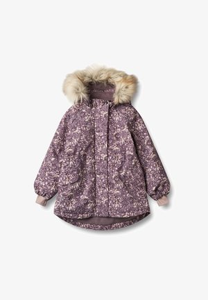 Blomsterprint parka i lilla med en hætte foret med pels, elastiske manchetter, sidelommer og en buet kant. Blødt, tekstureret stof.