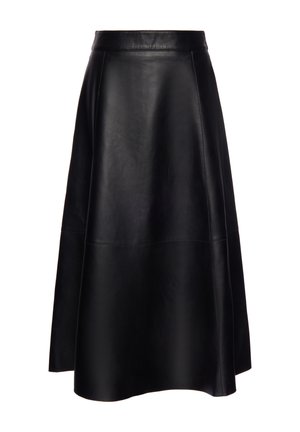 Zwarte midi A-lijn rok met hoge taille, gemaakt van glad leer met zichtbare naaddetails en een nette tailleband.