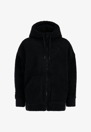 Giacca in pile nera con zip completa, cappuccio, cordini, maniche lunghe e tasche frontali, esposta su uno sfondo bianco.