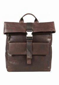 Brown leather backpack with a roll-top design, silver buckle closure, front pocket, and strap. Smooth texture with a matte finish.