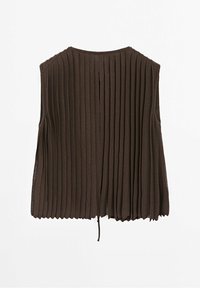 Brown sleeveless top with vertical pleats, featuring a round neckline, open back, and a tie detail at the hem. Made of a soft, textured fabric.