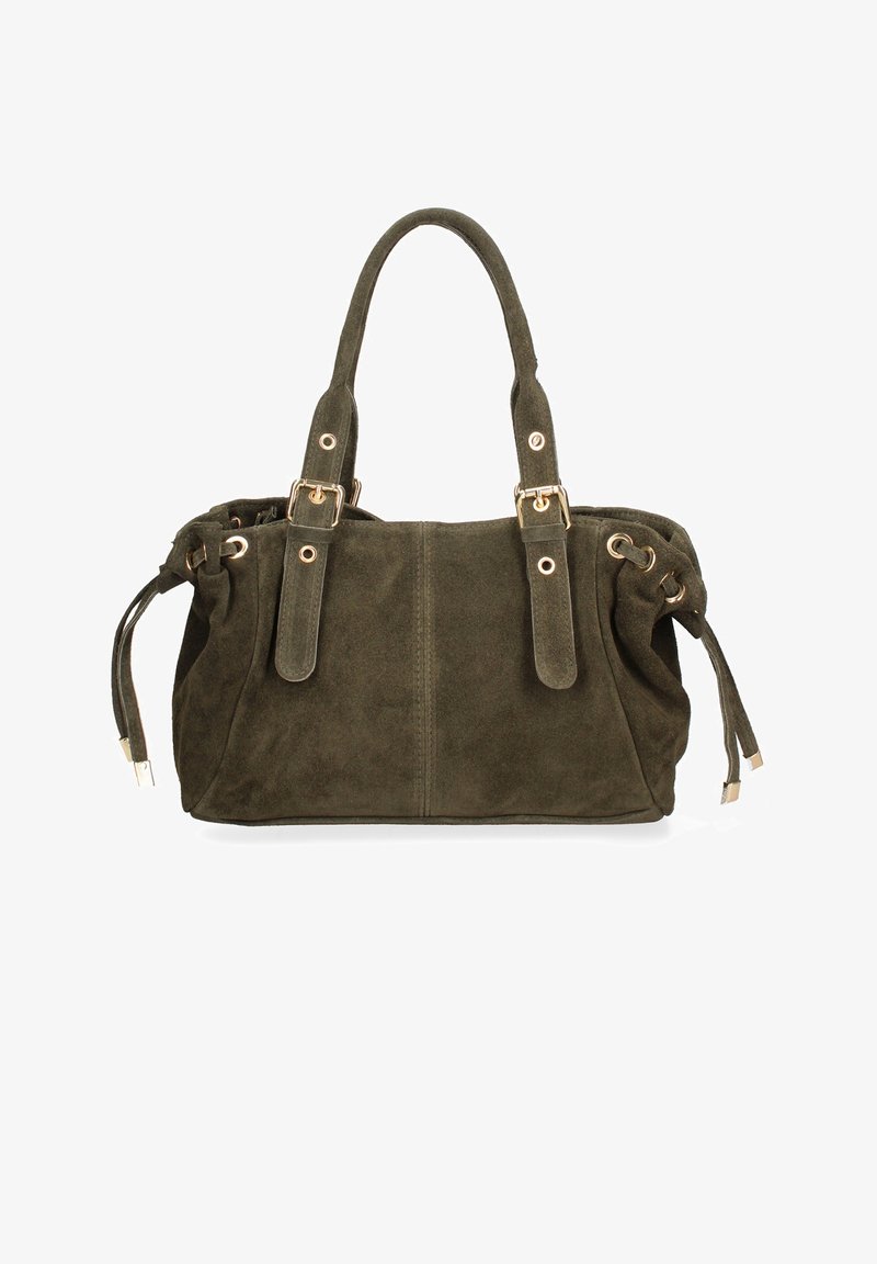 Sac à main en daim vert olive avec deux courtes poignées, quincaillerie dorée et accents à cordon sur les côtés. Texture douce avec une forme structurée.