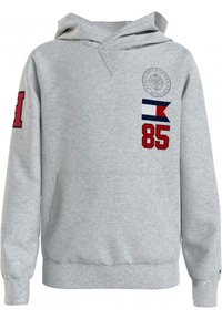 Felpa grigia con cappuccio, con tasca frontale, numero rosso "85", dettaglio del logo e accenti con motivo sulla manica. Tessuto morbido con una texture liscia.