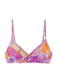 Gėlių bikini viršus su reguliuojamomis petnešomis. Pagamintas iš sintetinių medžiagų; puikuojasi rožinėmis, oranžinėmis ir violetinėmis drugelių bei kriauklelių raštais.