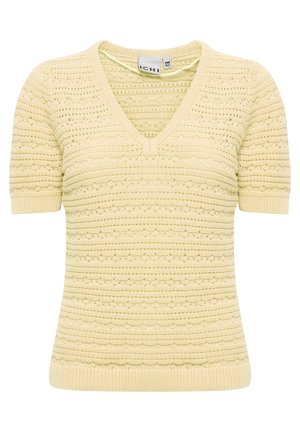 Camiseta de punto de manga corta y escote en V en un suave amarillo pálido con rayas horizontales y una textura intrincada. Fabricada con una tela suave y transpirable.