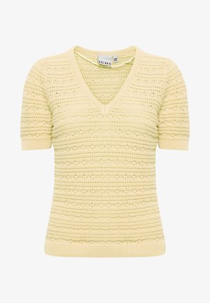 Pletena majica s kratkimi rokavi in V-izrezom v svetlo rumeni barvi z vodoravnimi črtami in zapleteno teksturo. Narejena iz mehke, zračne tkanine.