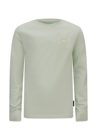 T-shirt a maniche lunghe in tessuto verde chiaro, con una piccola etichetta rettangolare del logo sul lato sinistro superiore, colletto girocollo e vestibilità classica.