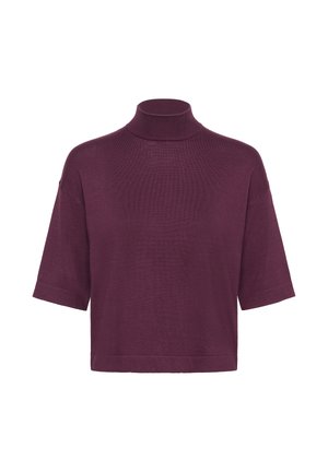 Lühikeste varrukatega kõrge kaelusega särk tumelillas soonikkoes, mis on vaba lõikega ja õlgade ning ääre juures õmblusteta.