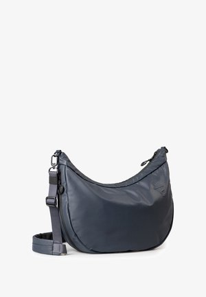 Dunkelgraue Schultertasche aus glattem, strapazierfähigem Material. Verfügt über eine geschwungene Form, einen verstellbaren Riemen und einen Reißverschluss für sicheren Zugriff.