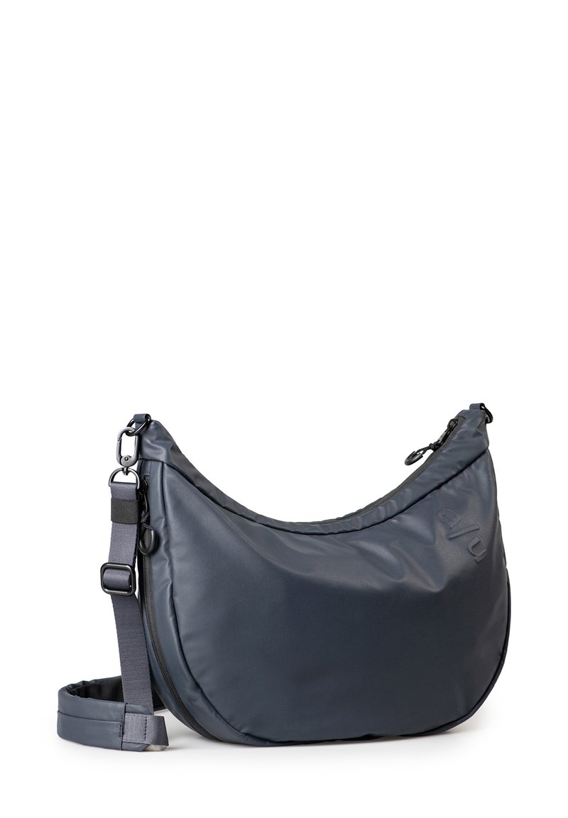 Dunkelgraue Schultertasche aus glattem, strapazierfähigem Material. Verfügt über eine geschwungene Form, einen verstellbaren Riemen und einen Reißverschluss für sicheren Zugriff.