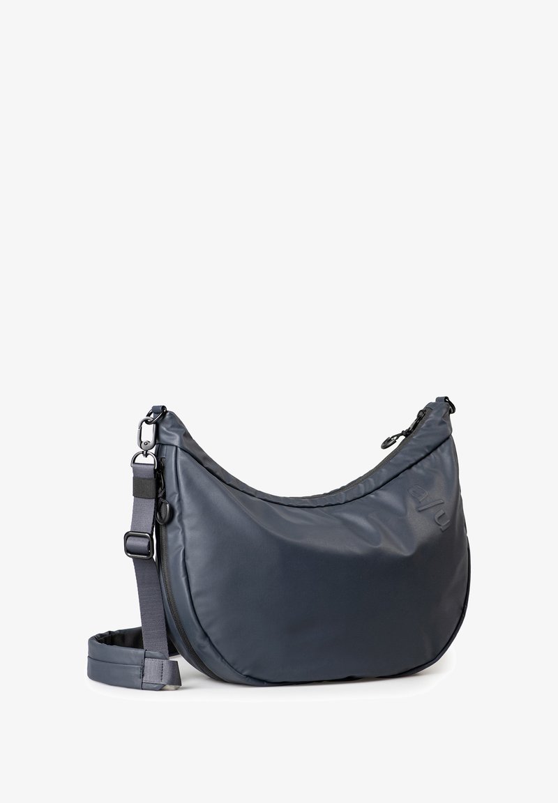Dark gray shoulder bag made of smooth, durable material. Features a curved shape, adjustable strap, and a zipper closure for secure access.