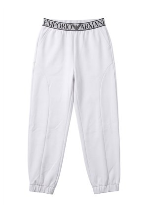 Pantaloni della tuta bianchi con polsini elastici e tasche laterali, con una fascia in vita nera e bianca con il marchio Emporio Armani.
