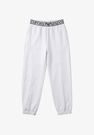 Pantaloni della tuta bianchi con polsini elastici e tasche laterali, con una fascia in vita nera e bianca con il marchio Emporio Armani.
