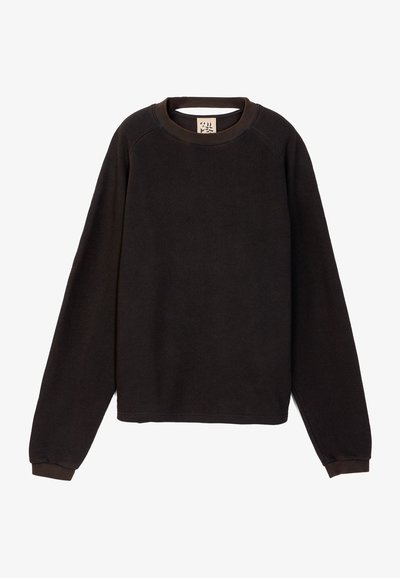 Black sweatshirt made of soft fabric, featuring a crew neck, long raglan sleeves, and ribbed cuffs. Minimalist design without patterns or accents.